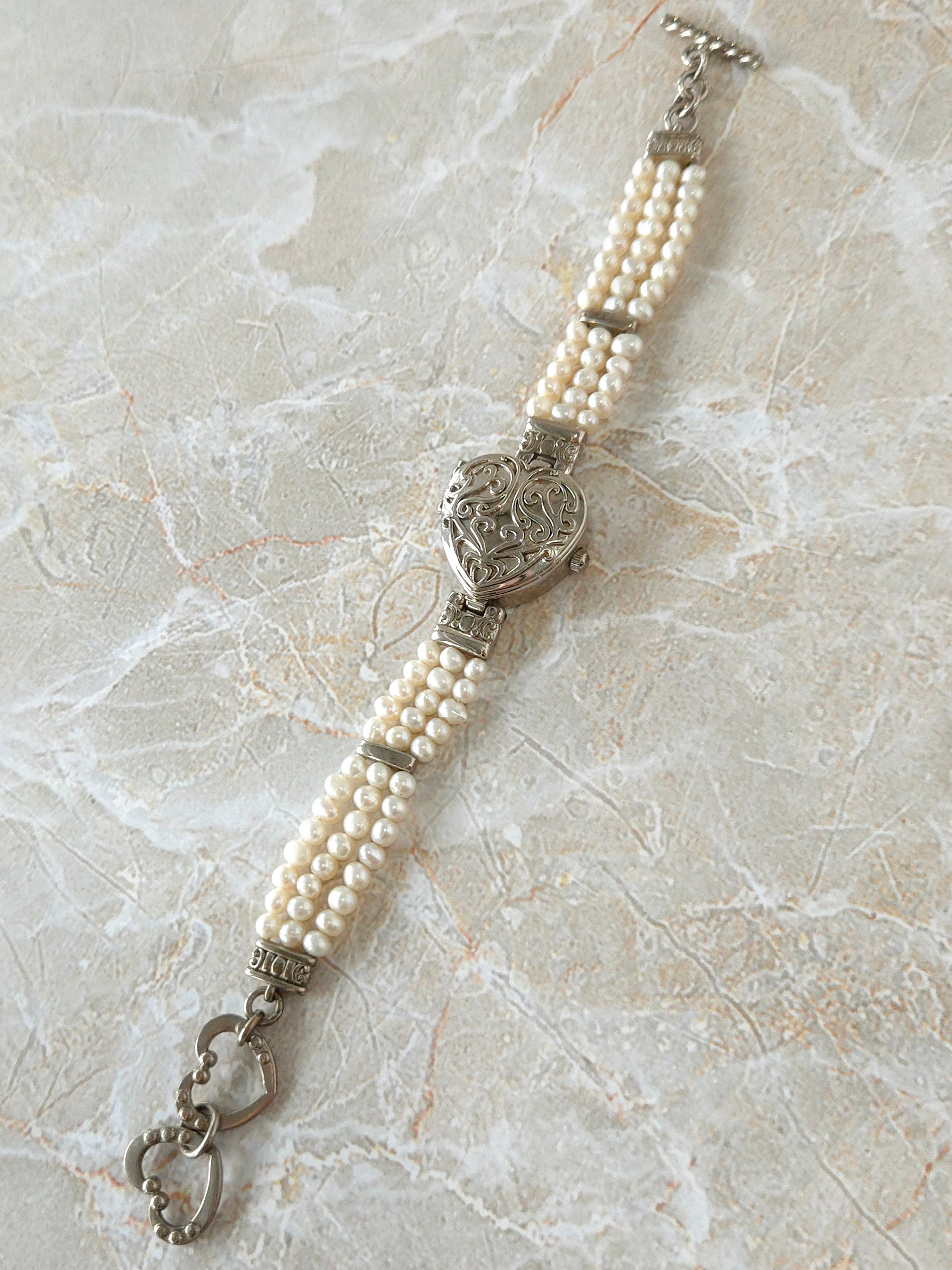 Ornate Heart Pearl Quartz Watch